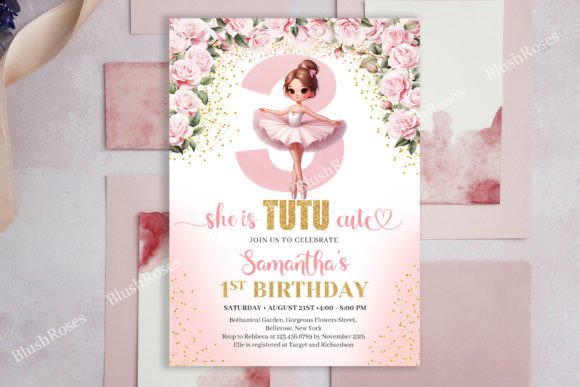 Rose Gold Tutu Ballerina Dress Invite