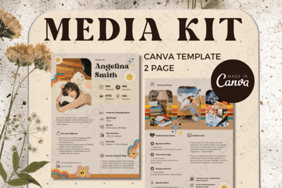 Two-page retro Canva media kit template for creatives and artists