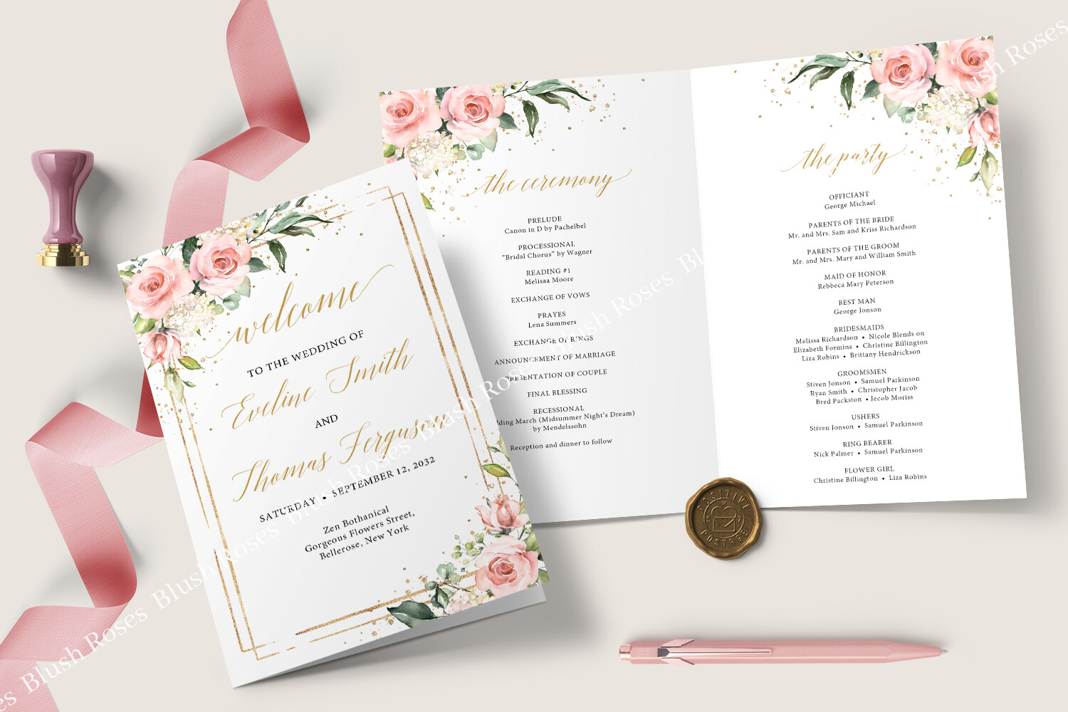 Blush Pink Roses Eucalyptus Gold Program