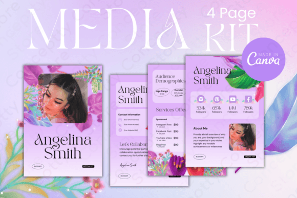 Four-page purple Canva media kit template