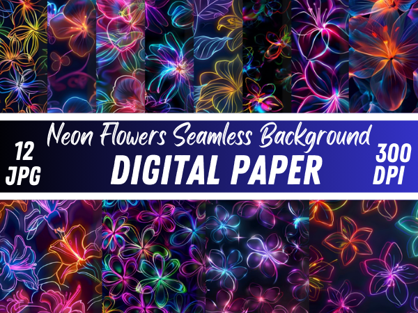Luxury Disco Neon Flowers Paper Pattern Graphic by Creative River ...