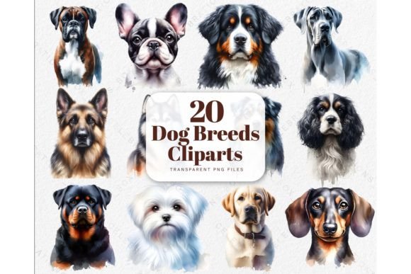 Watercolor puppy dog breeds PNG clipart set with pug for multi-breed tumbler vinyl collection