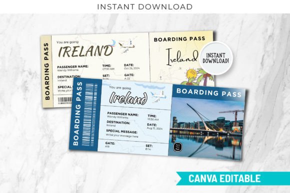 Editable DIY Ireland Travel Gift Ticket