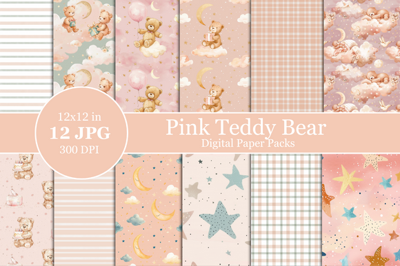 Pink Teddy Bear Baby Girl Digital Paper
