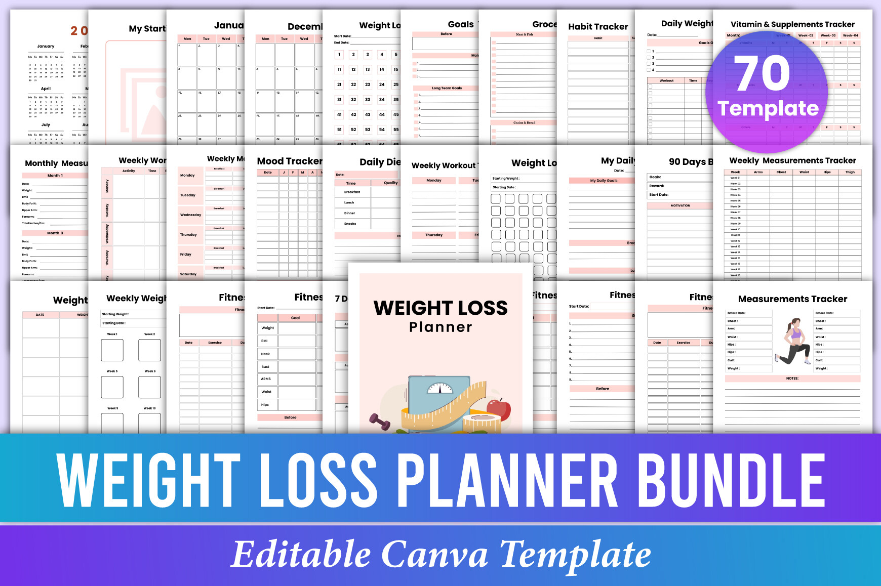 Weight Loss Planner Bundle Canva Kdp