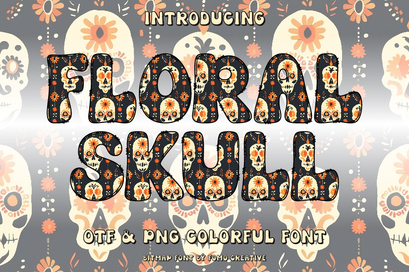 Floral Skull font preview, skull and flower decorative design