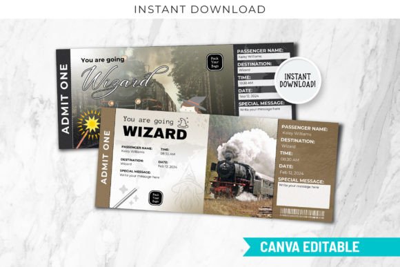 Editable Wizard Train Ticket Invitation