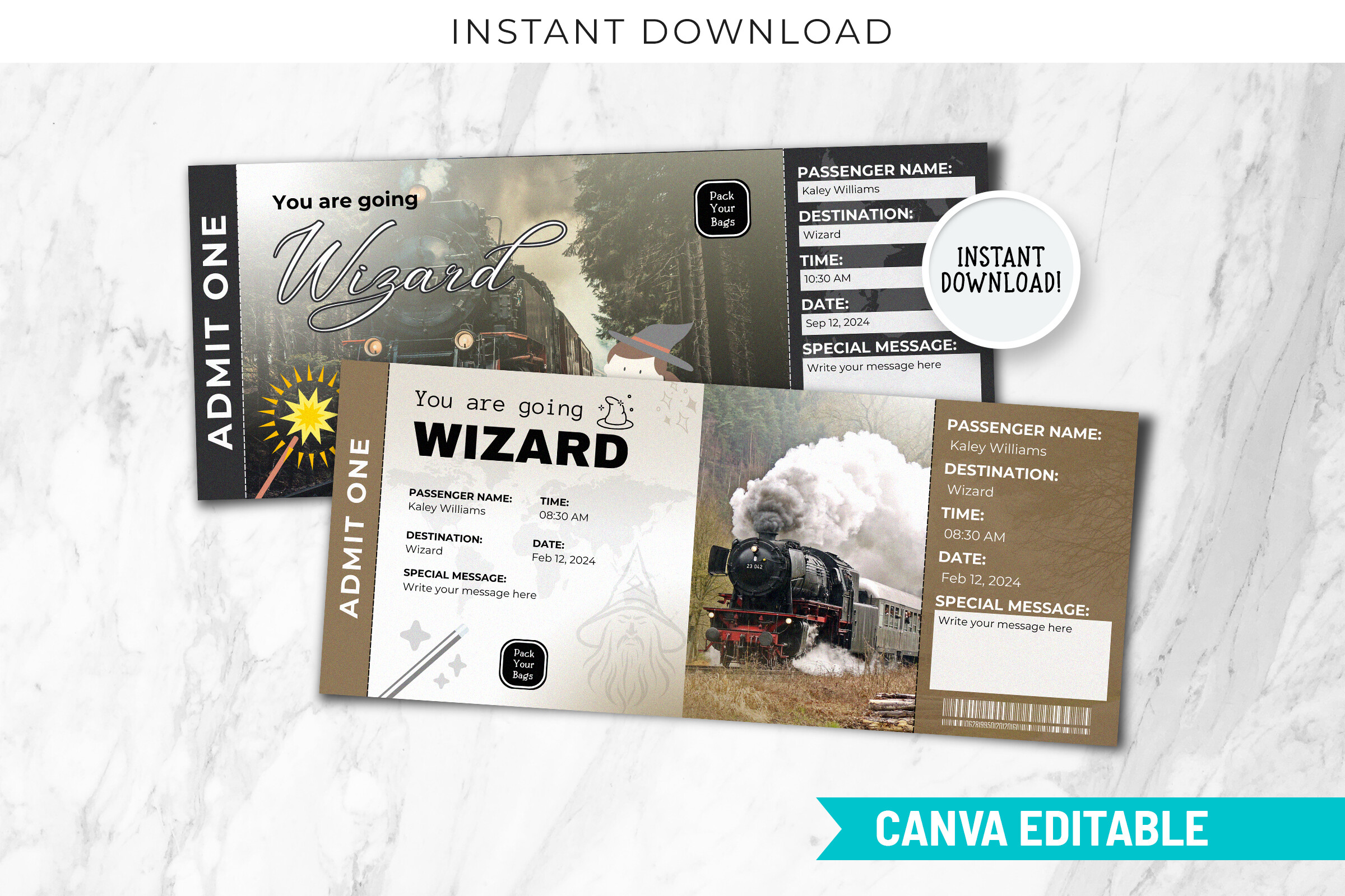 Editable Wizard Train Ticket Invitation