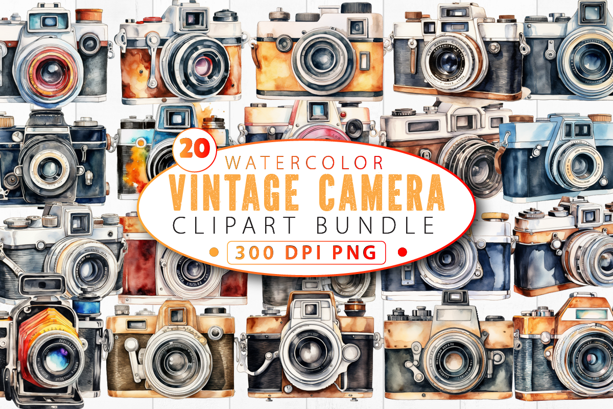 Watercolor Vintage Camera Clipart Bundle Graphic by CraftyCakes ...