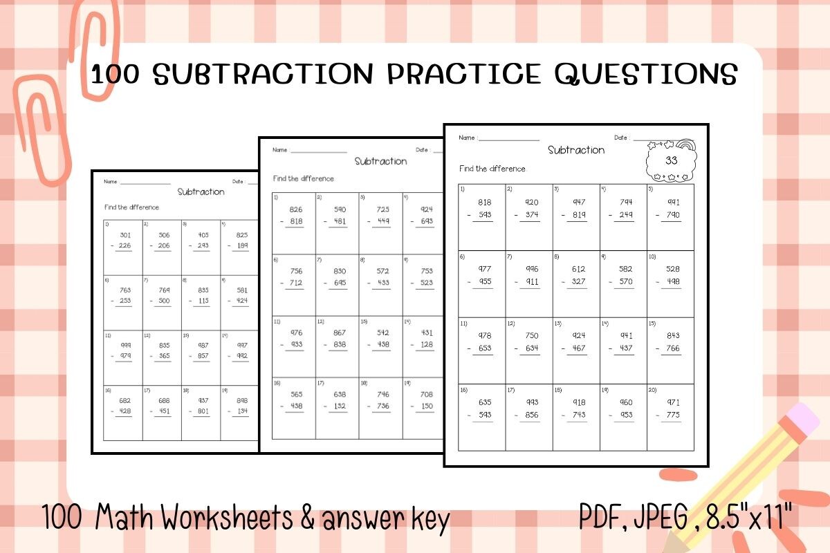 100 Subtraction Practice 3 Digit Number Graphic by HappyDesign ...