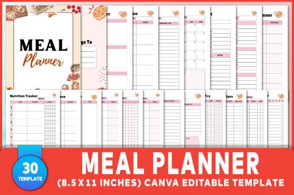 Editable Canva meal planner with grocery nutrition recipe and food tracking pages