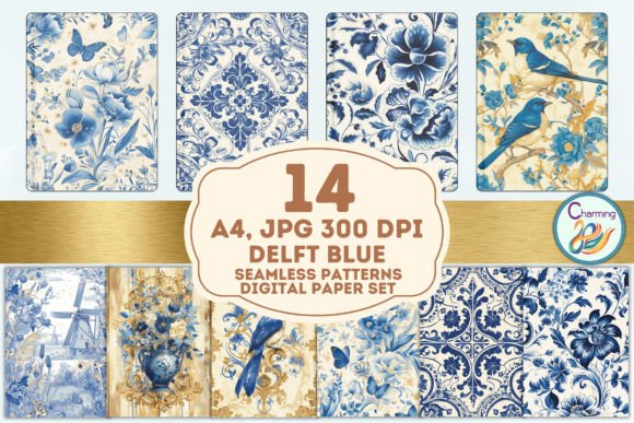 A4 Digital Papers Set:Vintage Delft Blue