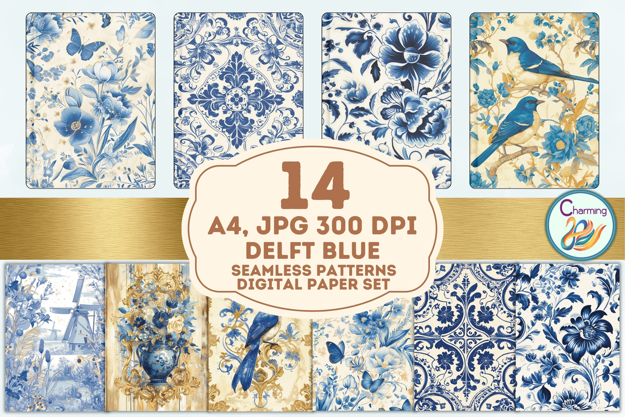 A4 Digital Papers Set:Vintage Delft Blue