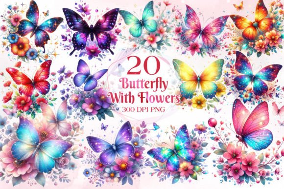 Butterfly with Flowers Clipart Bundle