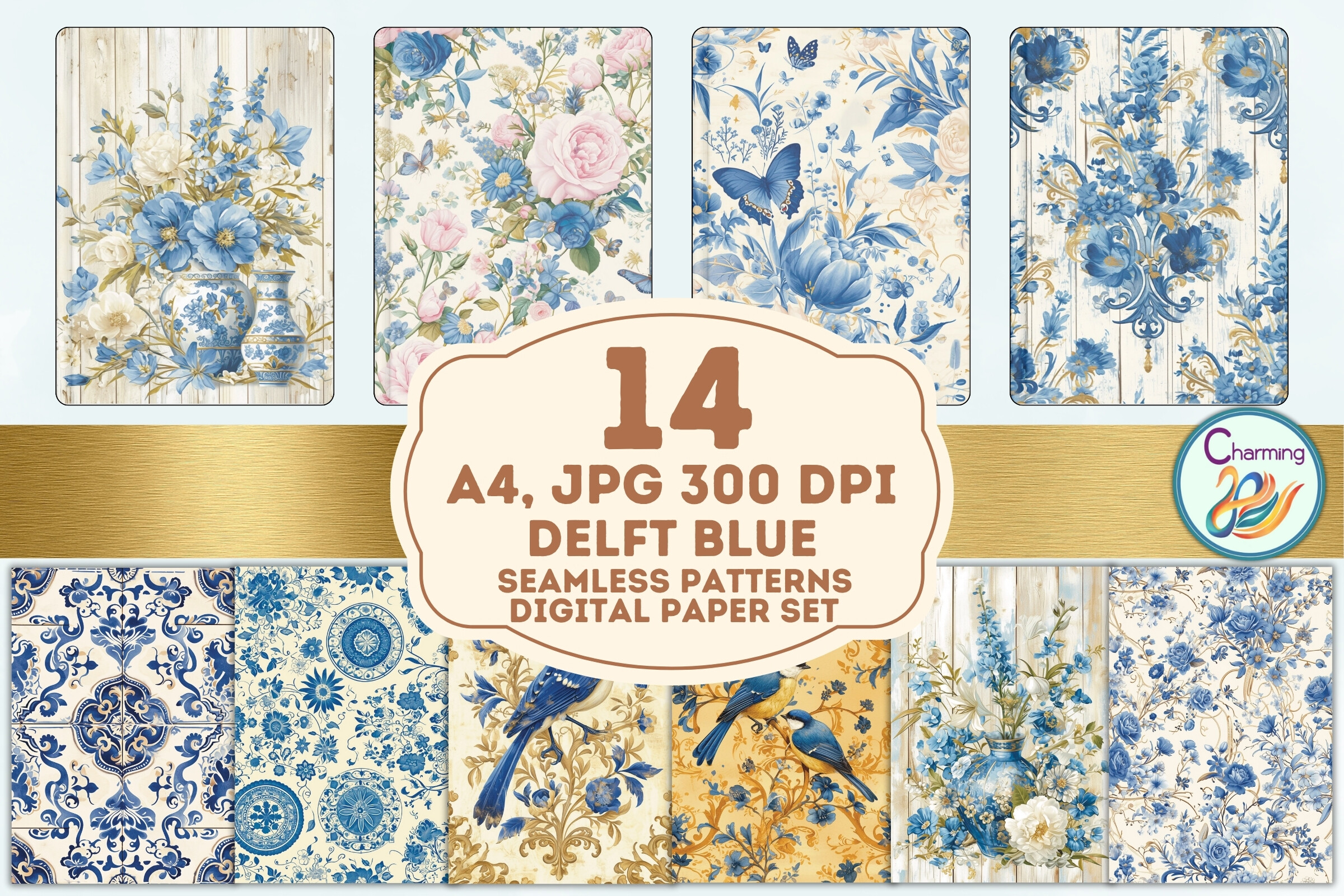 A4 Digital Papers Set: Vintage Delft Blu