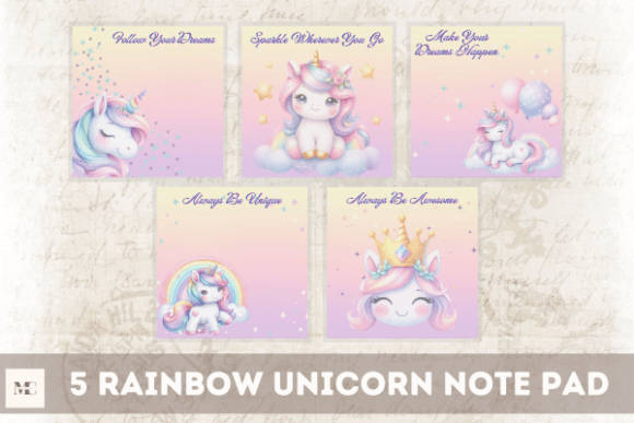5 Rainbow Unicorn Note Pad Stationery