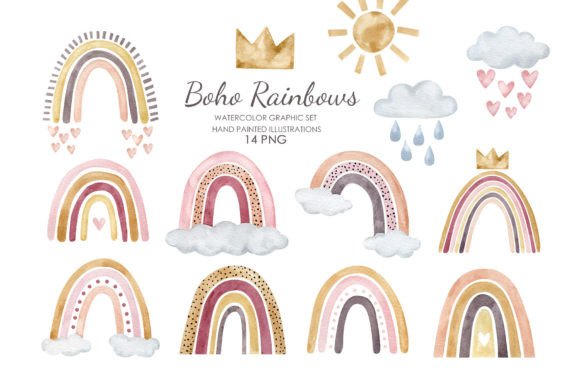 Watercolor Boho Rainbow Clipart