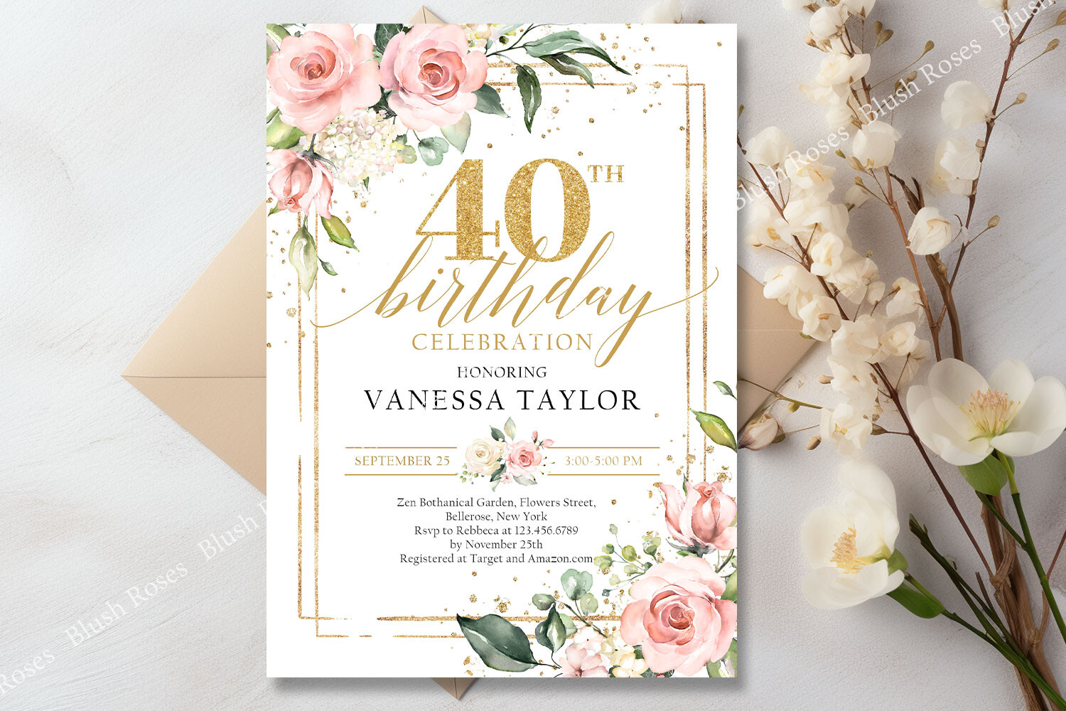 Blush Roses Eucalyptus Gold 40th B-day