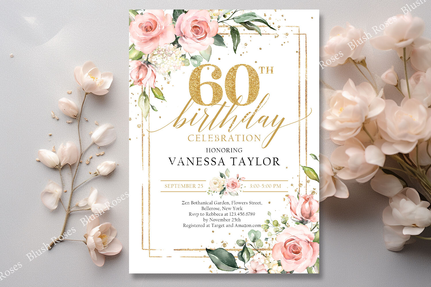Blush Roses Eucalyptus Gold 60th B-day