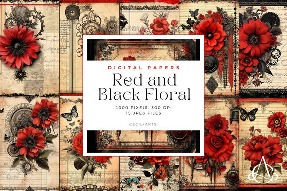 Red and Black Floral Junk Journal Pages Graphic by Cecily Arts ...