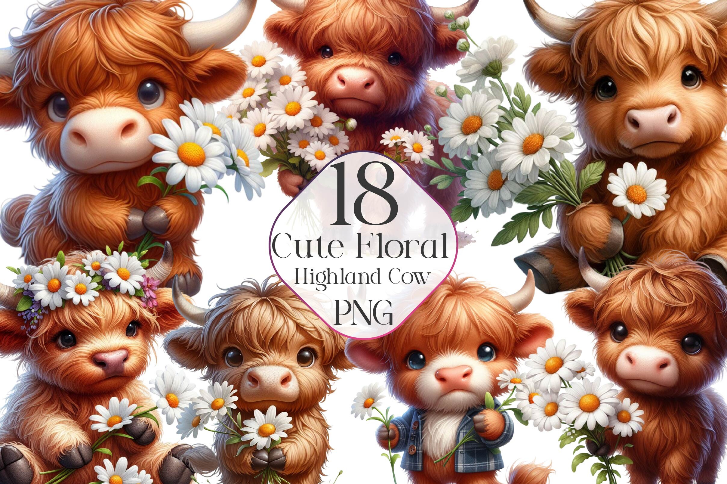 Cute Floral Highland Cow Bundle Graphic by Dreamshop · Creative Fabrica
