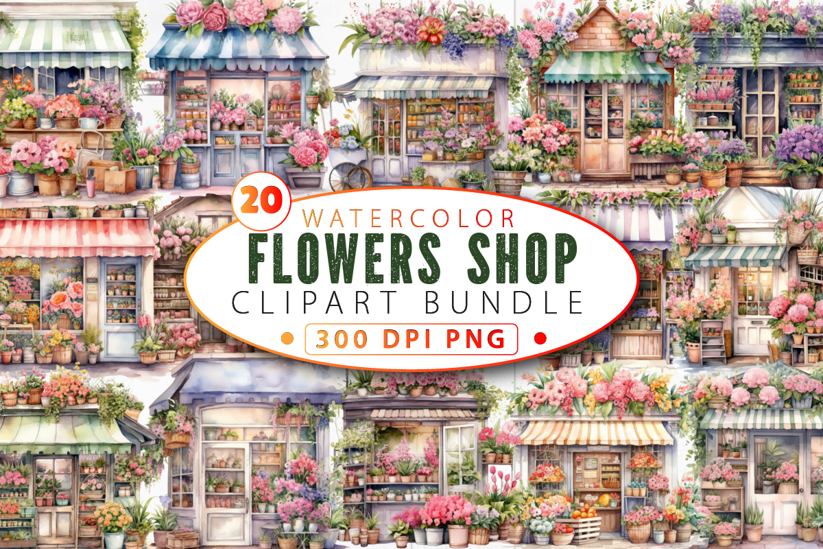 Flowers Shop Watercolor Clipart Bundle Graphic by CraftyCakes ...