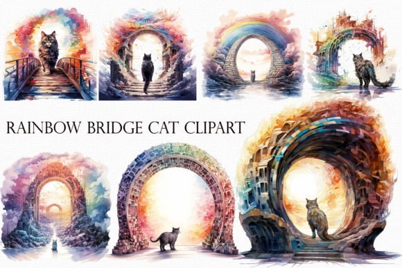 Rainbow Bridge cat clipart 20 PNG pack for feline pet memorial keepsakes
