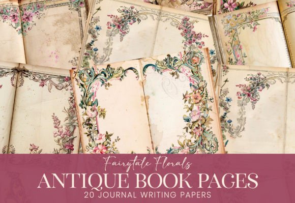 Antique Book Pages Fairytale Florals