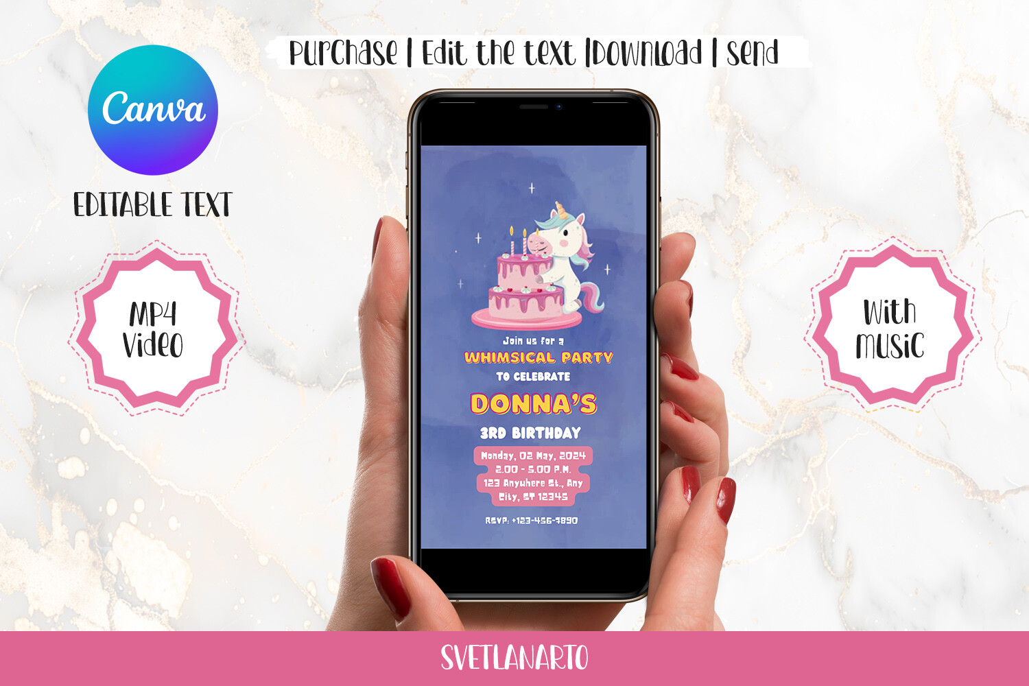 Unicorn Party Birthday Invite Canva Edit