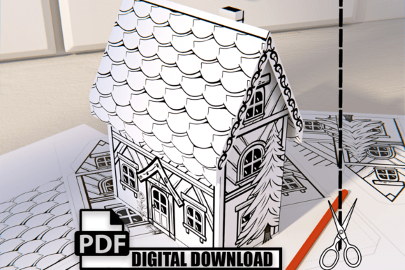 Kids Craft Paper House 3D Coloring Page