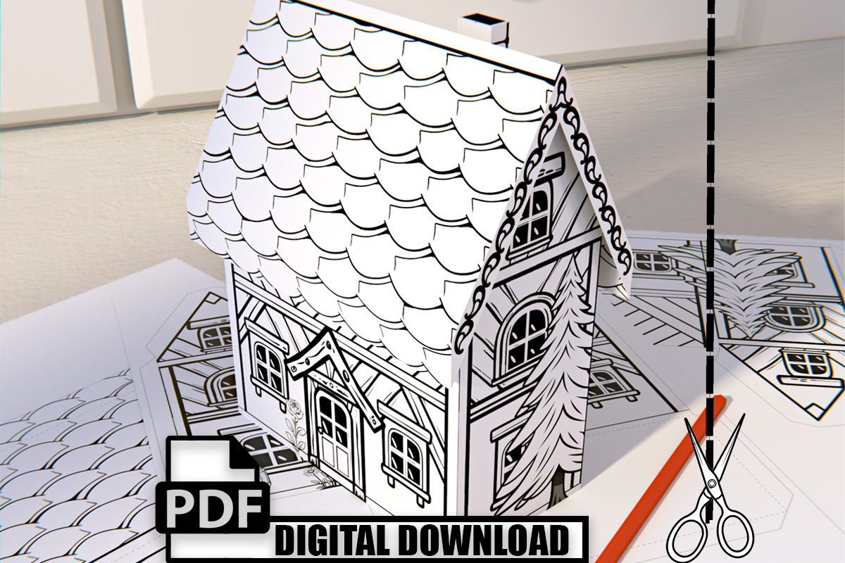 Kids Craft Paper House 3D Coloring Page