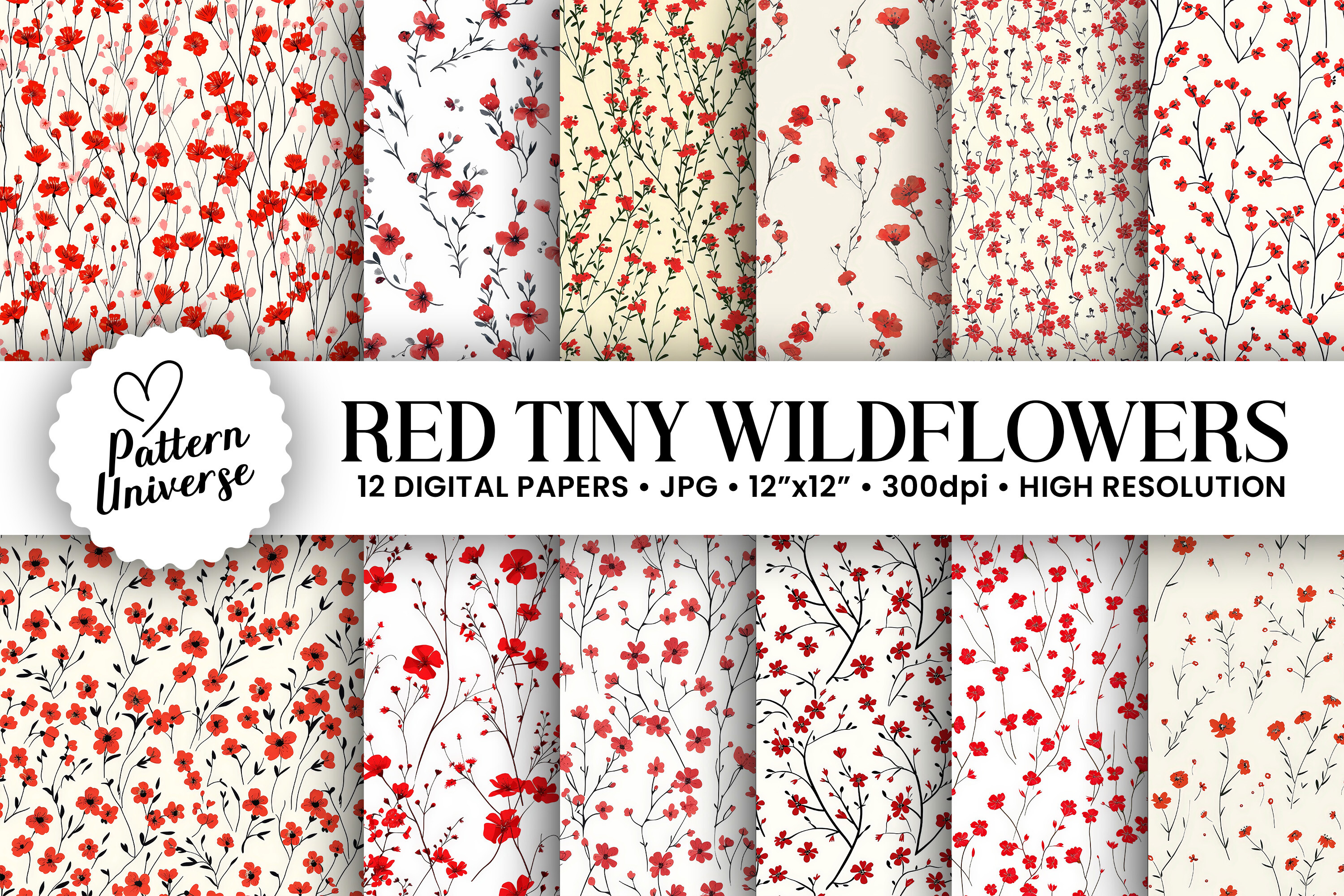 Red Tiny Wildflowers Digital Papers Graphic by Pattern Universe ...