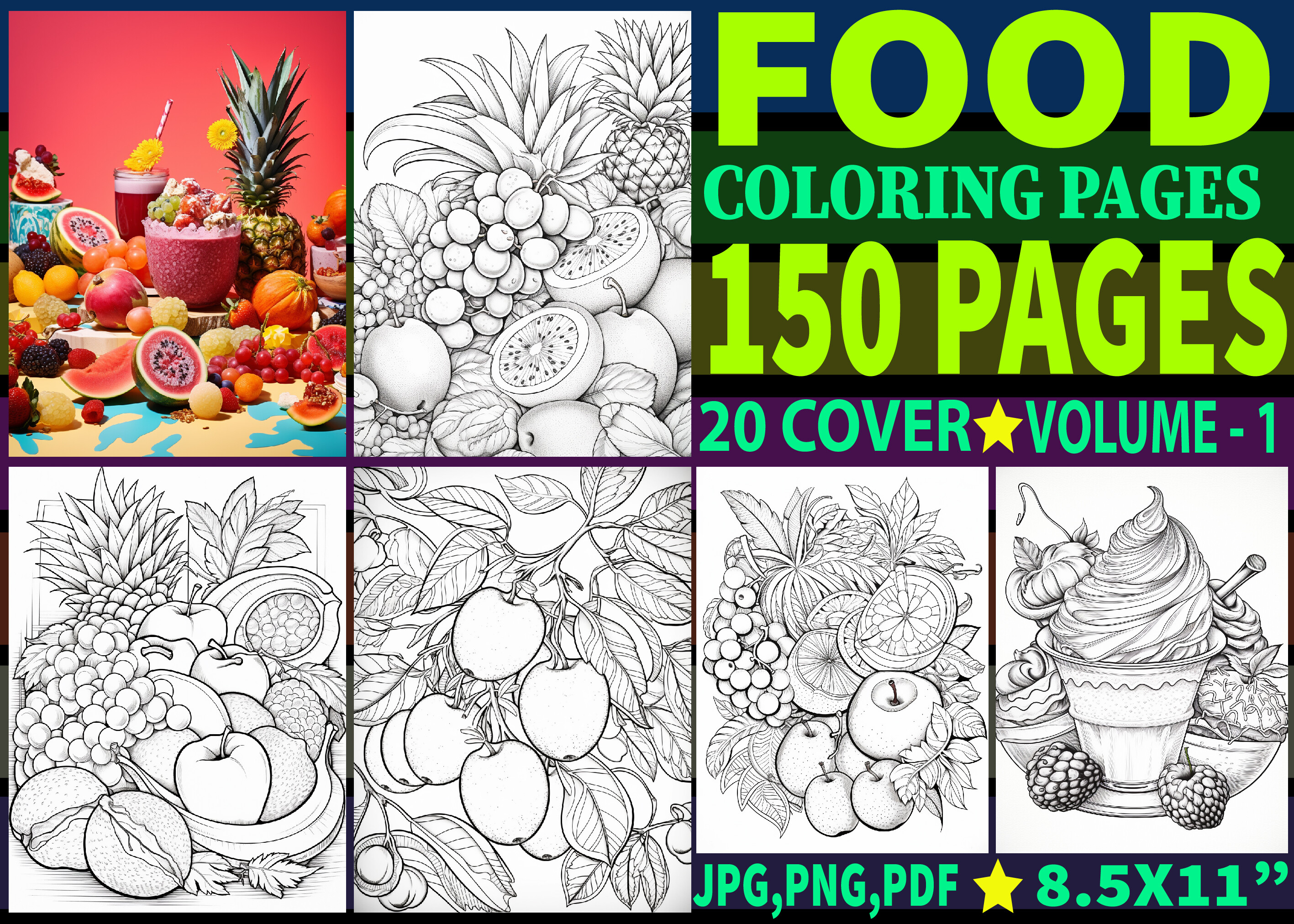 150+ Foods Coloring Pages for Adults