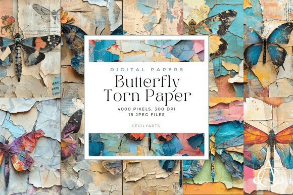 Butterfly Torn Paper Junk Journal Pages