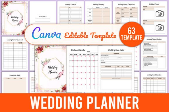 Wedding planner Canva template with budget guest supplier and seating pages