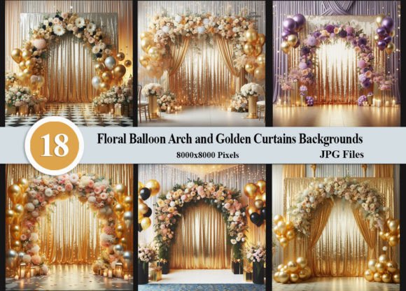 Floral Balloon Arch and Golden Curtains