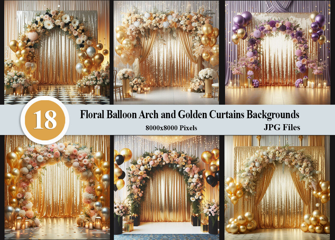 Floral Balloon Arch and Golden Curtains