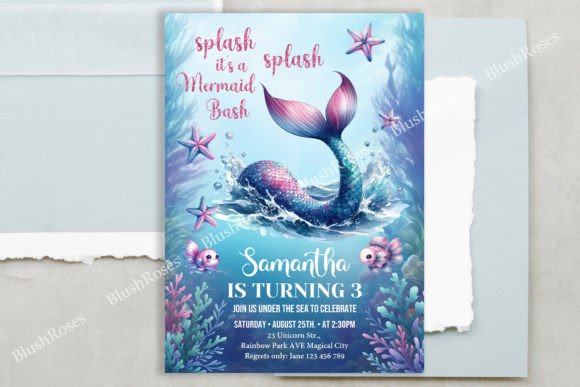 Navy and Rose Gold Glitter Mermaid Invit