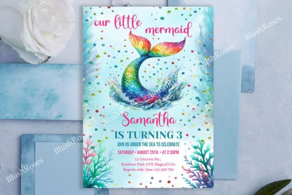 Rainbow Mermaid Tail 3th Birthday Invite