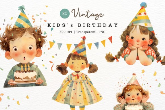 Retro kids birthday party clipart with colorful party illustrations