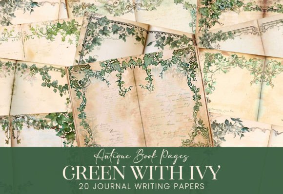 Antique Book Pages Green English Ivy