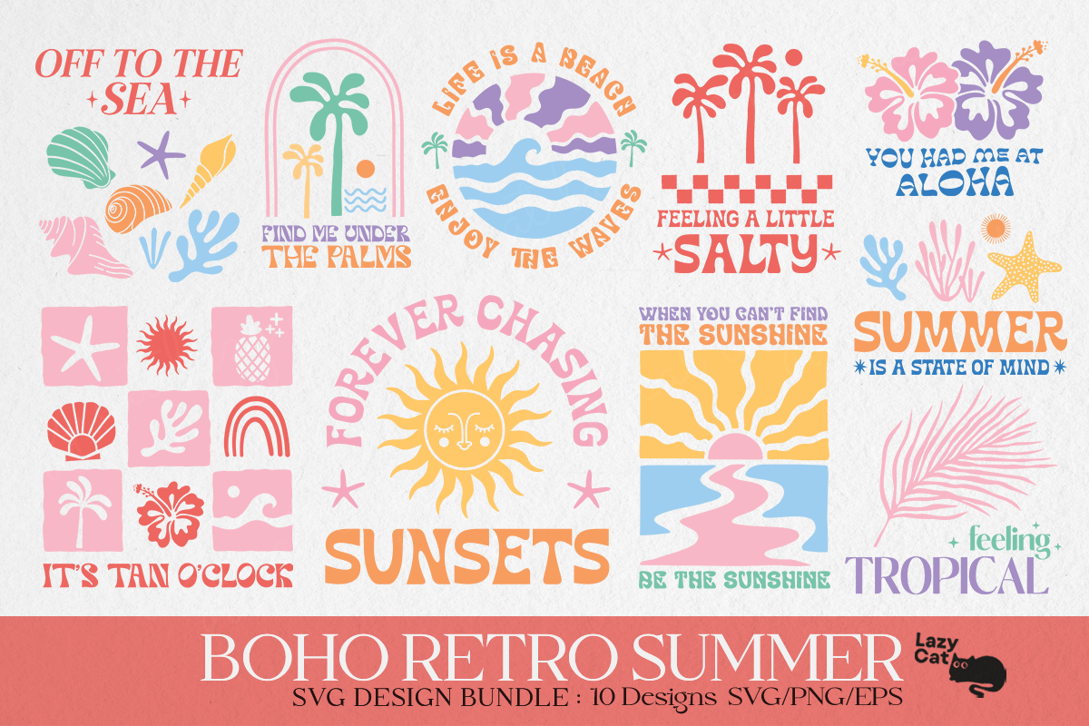 Boho Retro Summer Beach SVG Bundle Graphic by Lazy Cat · Creative Fabrica