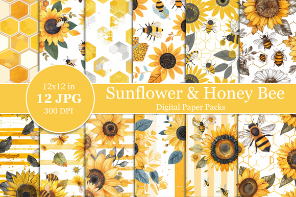Sunflower & Honey Bee Digital Paper Graphic by Nam Tiwa · Creative Fabrica