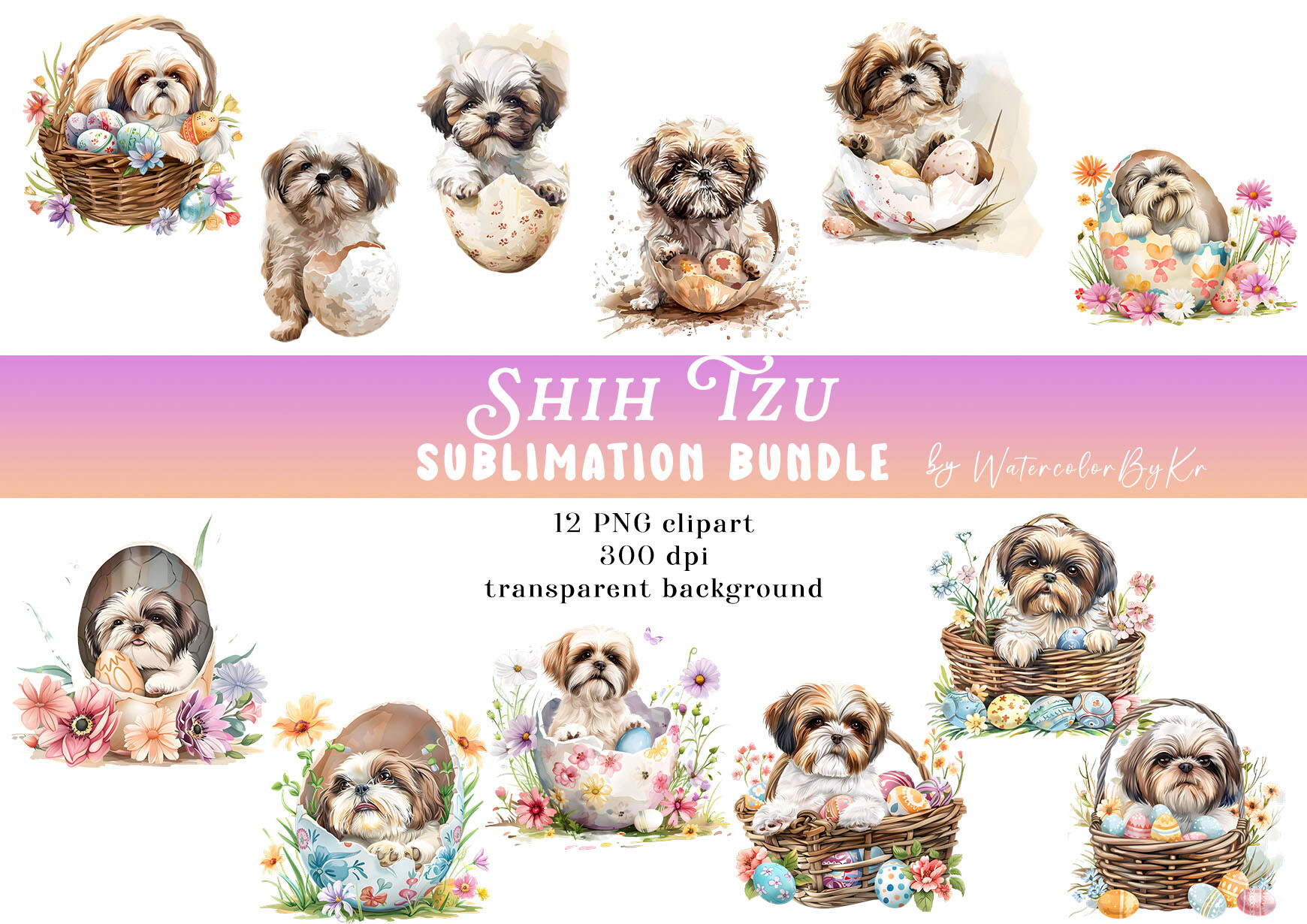 Watercolor Easter Shih Tzu Dog Bundle Graphic by WatercolorByKr ...