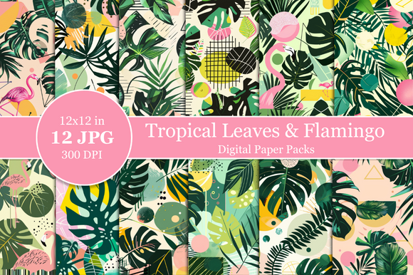 Tropical Leaves & Flamingo Digital Paper Graphic by Nam Tiwa · Creative ...