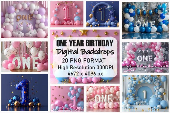 Preview of Cute One Year Birthday Digital Backdrops digital backdrop