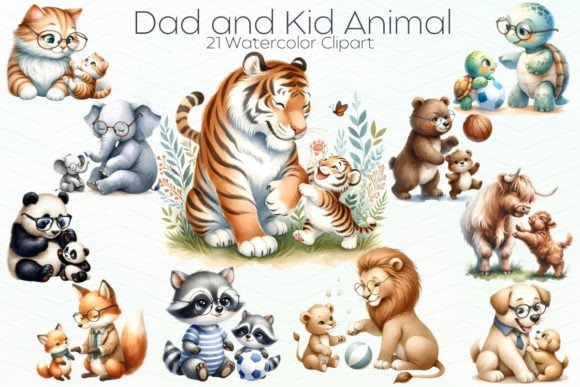 Dad and Kid Animal clipart sublimation set for mugs and tumblers