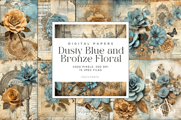 Dusty Blue Bronze Floral Junk Journal