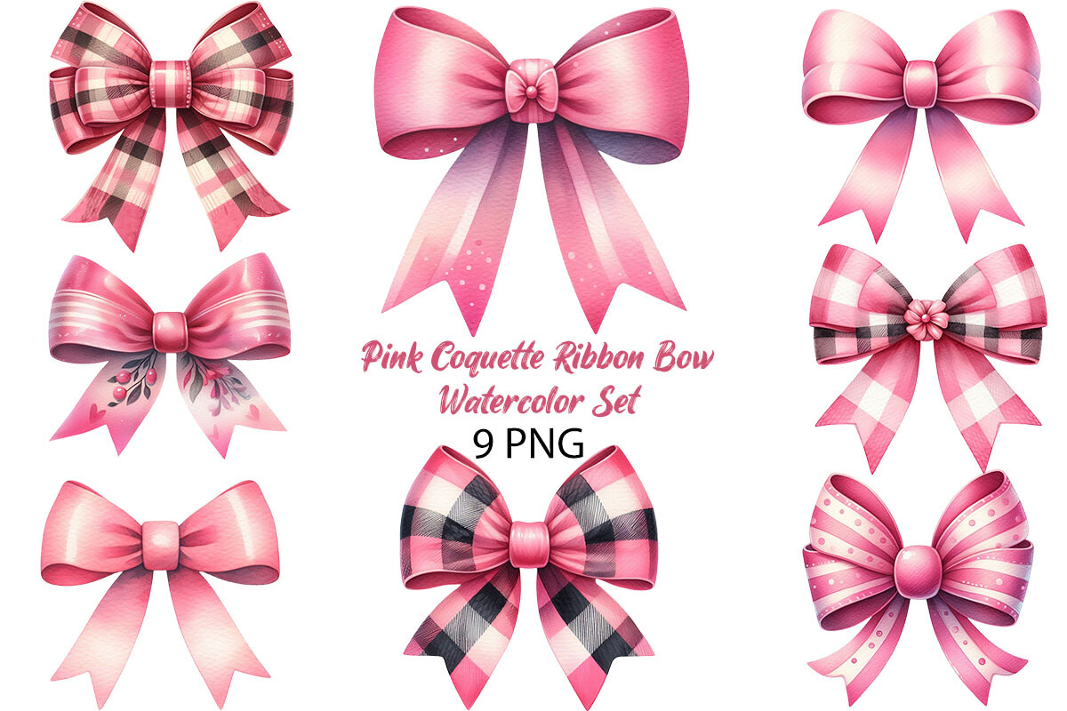 Pink Coquette Ribbon Bow Watercolor Set Graphic by Dreamy Art ...