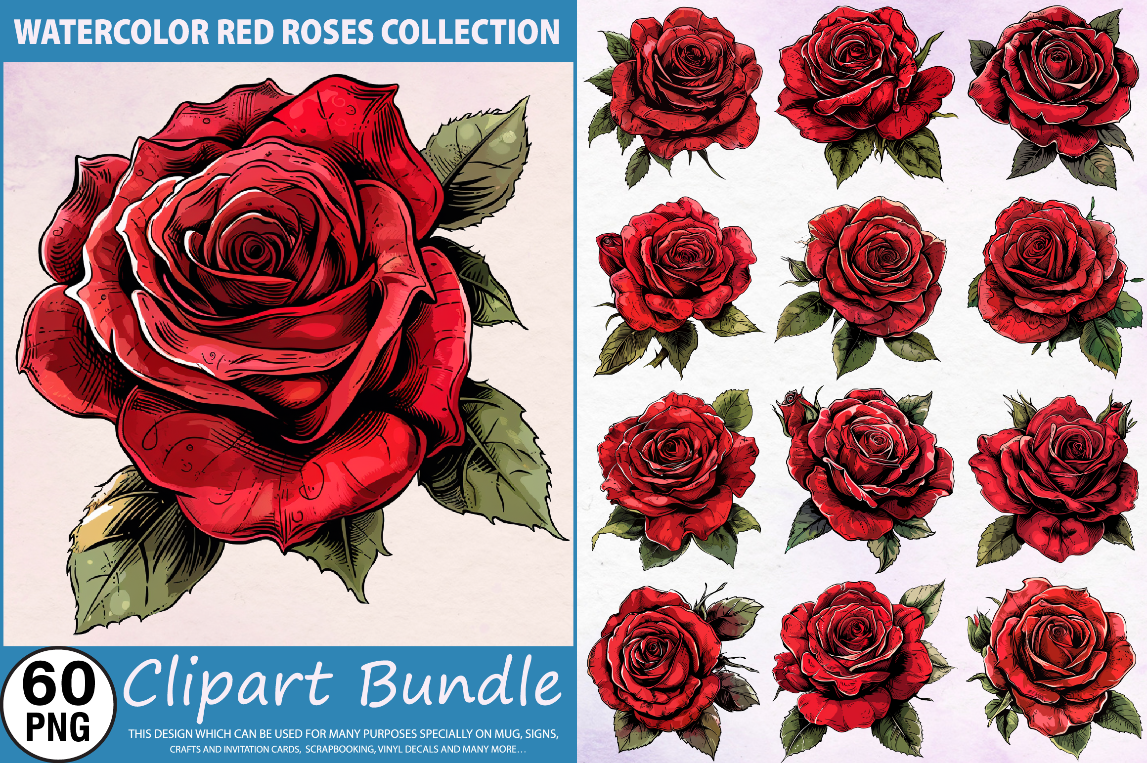 Watercolor Red Roses Clipart PNG Bundle Graphic by Regulrcrative ...